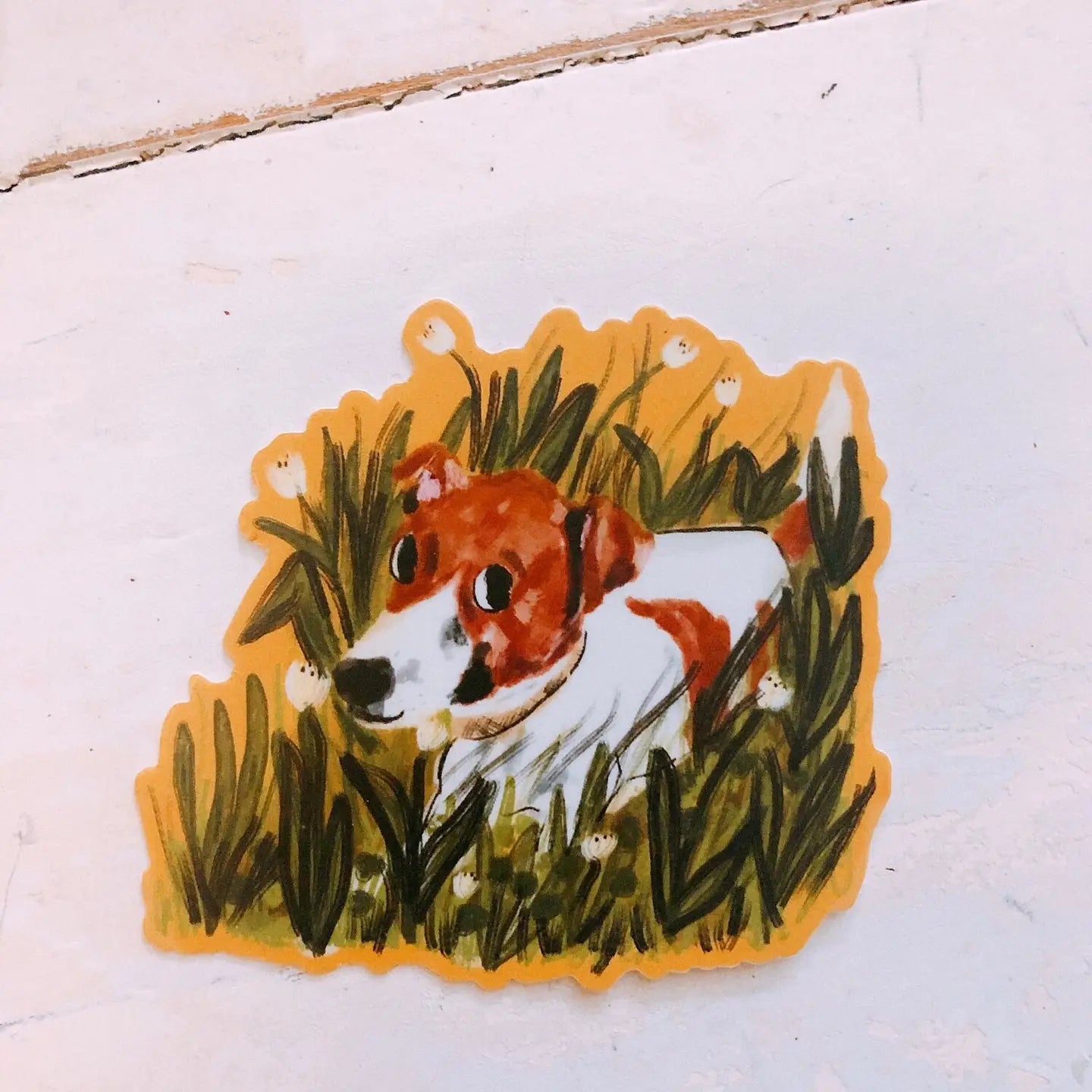 Dog in Grass w/ Yellow Background Sticker