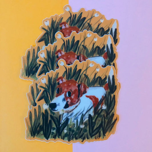 Dog in Grass w/ Yellow Background Sticker