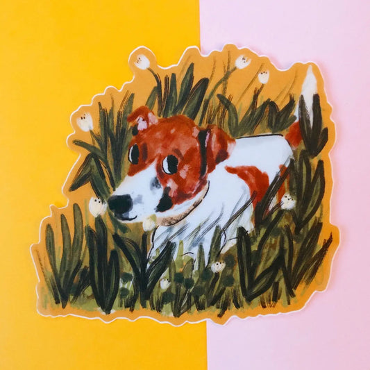 Dog in Grass w/ Yellow Background Sticker
