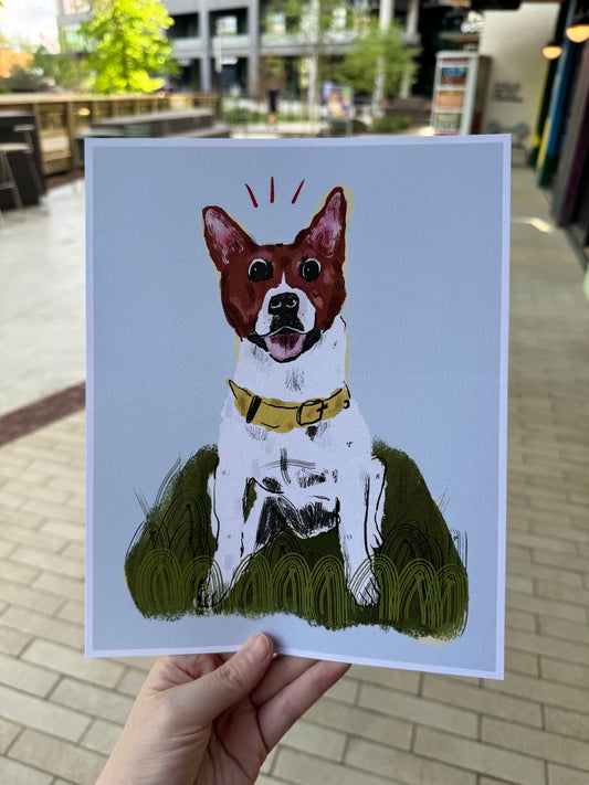 Dog in Grass Blue Background Print 8x10