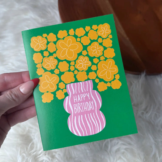 Happy Birthday Yellow Flowers Pink Vase Abstract Card