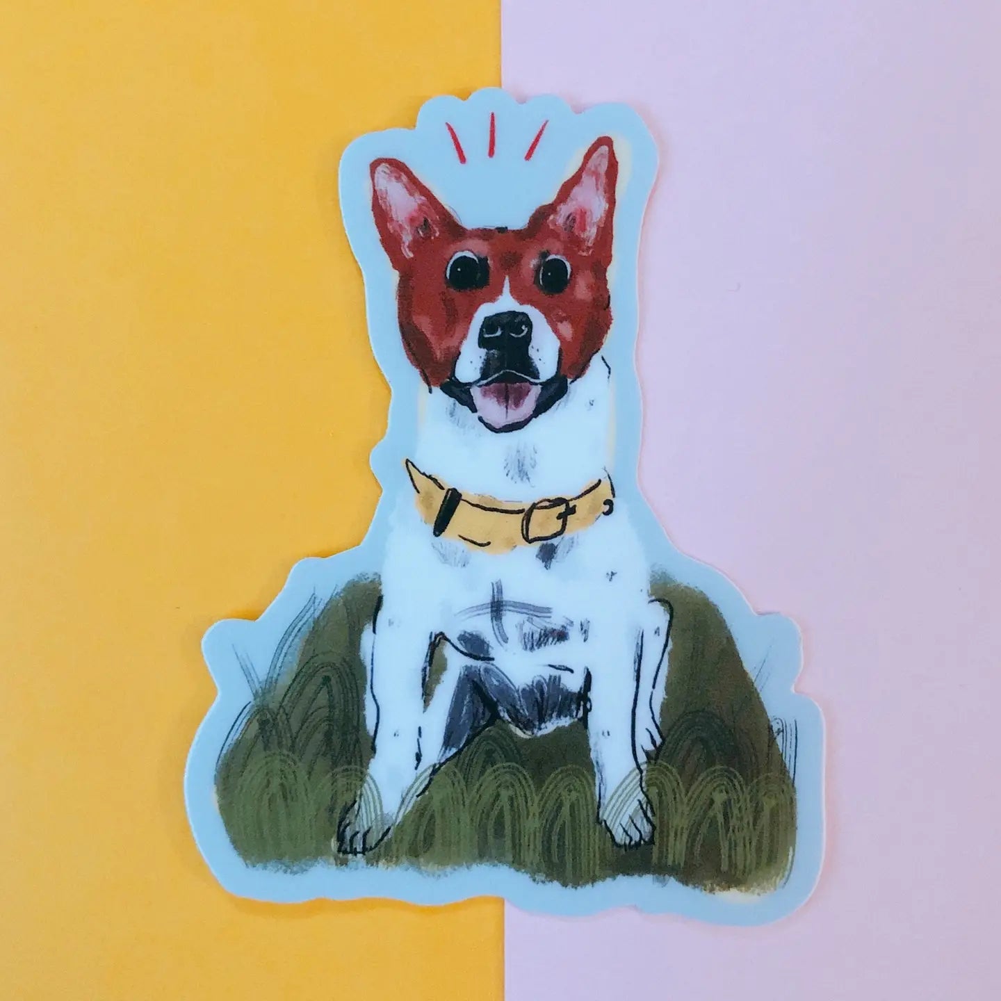 Dog in Grass w/ Blue Background Sticker