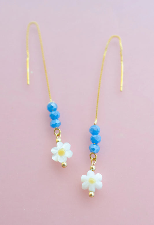 Flower Threader Earrings - Blue
